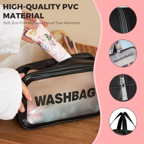 Woobroo Clear Travel Toiletries Bag for Women, 3 Pack Toiletry Bags with Zippers Travel Essentials PVC Waterproof Cosmetic Clear Wash Bag for Girls, Black — view 3