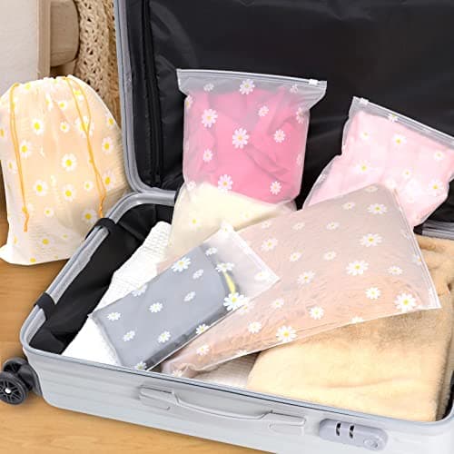 10 Pcs Travel Storage Bags, 2 Pcs Drawstring Storage Bags and 8 Pcs Ziplock Bags, Reusable Clothes Storages Bag Waterproof Luggage Organiser Frosted Bag for Packaging Clothing Shoes (5 Size Mixing) — view 6
