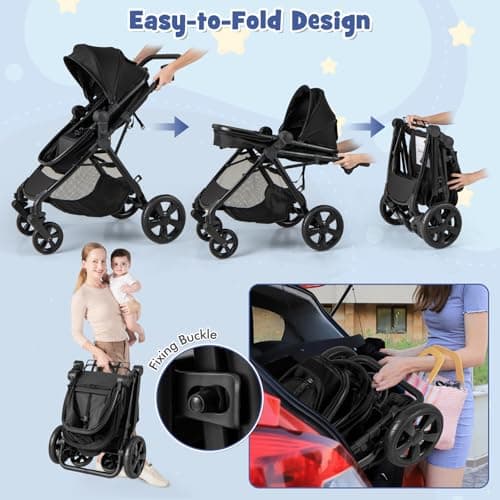 COSTWAY 2 in 1 Baby Pushchair, Foldable Travel System Pram with Reversible Seat, Adjustable Canopy & Handle, Storage Basket, Cup Holder, Lightweight Infant Stroller for 0-36 Months (Black) — view 3