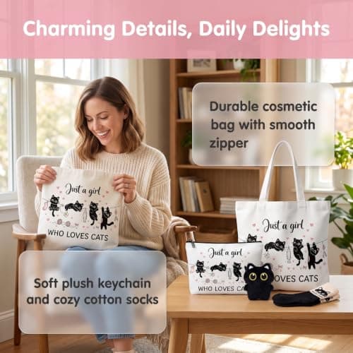 Cat Gifts for Women Girls, Cat Lovers Gifts with Tote Bag Makeup Bag Socks — view 6