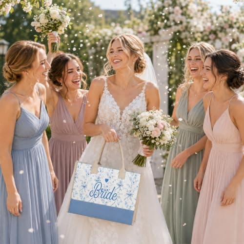 Snowvian Bride Tote Bag, Canvas Tote Bags, Bride to Be Bag for Hen Party Bridal Shower Wedding, Suitable for Travel Beach Holiday Daily Use (White blue) — view 5