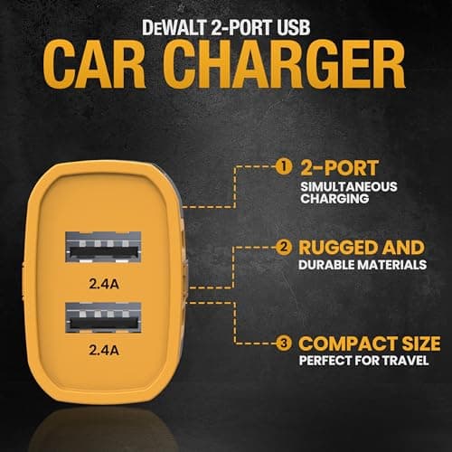 DEWALT Heavy Duty 24W USB Car Charger Adapter, Cigarette Lighter Adapter USBA Charger, Fast Charging Car Lighter USB Adapters, Cell Phone Automobile Chargers for iPhone, Samsung Galaxy, iPad — view 3