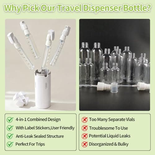 NKFBEV Travel Dispenser Bottles, 4 in 1 Travel Bottles for Toiletries, Portable Leak Proof Refillable Travel Containers with Scale & Label for Lotion Liquid Shampoos Conditioner Cream (White) — view 6