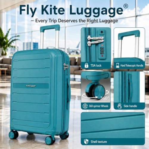 Fly Kite Luggage 20 Inch Cabin Suitcase 100% Polypropylene Hard Shell with Aluminium Trolley Handle, Real TSA Secure Lock 3 Digit 360° Smooth Wheels|Turquoise — view 5