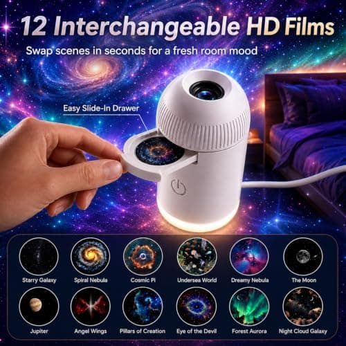 KoolShiro HD Smart 5D Holographic Night Light Projector, Smart HD Projector with 12 Films, 2-in-1 USB Plug & Play 360° Adjustable Ceiling Projector for Bedroom, Car & Ocean Starry Sky — view 2