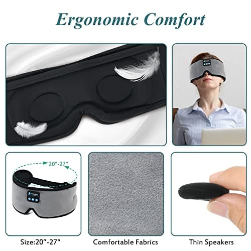 Bluetooth Sleeping Eye Mask Headphones,SKYEOL 5.2 Wireless Bluetooth Headphones Adjustable&Washable Music Travel Sleeping Headset with Built-in Speakers Microphone Hands-Free for Sleeping (Grey3d) — view 6