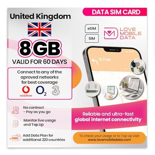 Love Mobile Data Only Sim Card - International Multi-Network 4G/5G Prepaid Pay As You Go Data Sim for Mobile Phones, WiFi Routers & More, United Kingdom (O2, Three & Vodafone) - 8GB for 60 Days