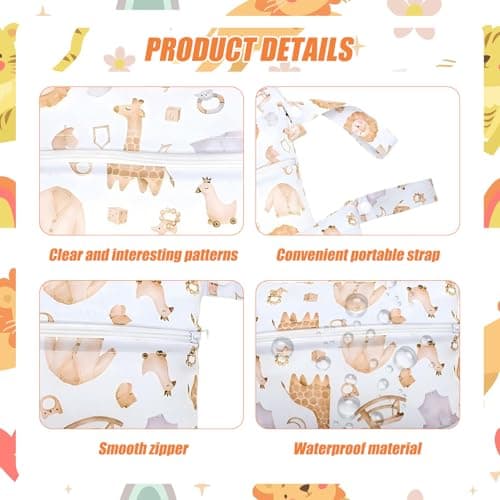 3 PCS Dinosaur Pattern Nappy Bags,Reusable Nappy Bag Organiser Baby Items, Travel Laundry Bag, Wet Bag for Swimming, Waterproof Wet Dry Bags for Travel, Beach, Camping, Swimming, Gym (Lion) — view 3