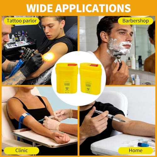 6 Pack Travel Sharps Bin Mini Container - Small Sharps Box for Needles, Lancets, Razor Blades - Portable Clinical Waste Bin Ideal For Travel, Work, Home - 6 Yellow Needle Disposal Box Size 0.3L Each — view 6