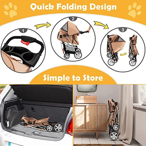 Maxmass Travel Pet Stroller, Foldable Small Medium Sized Dog Cat Trolley with Storage Basket, Safety Belt and Cup Holder, 4 Wheels Puppy Pushchair (Beige) — view 3
