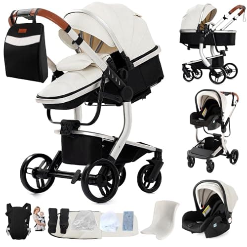 Magic ZC PU Leather 3 in 1 Pushchair Pram Travel System, Baby Stroller 3 in 1 with Reversible Two Pushing Modes, Newborn Infant Carriage One-Click Folding, Toddler Buggy Aluminum Frame (White 518)
