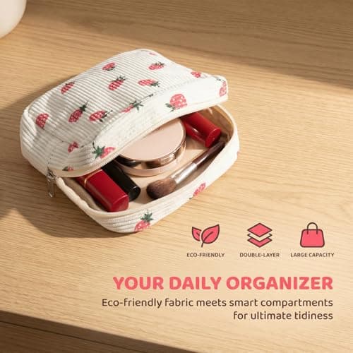 Small Makeup Bag for Purse, Cute Strawberry Beige Cosmetic Pouch, Mini Travel Toiletry Organizer with Zipper, Aesthetic Portable Storage for Women Girls Handbag Essentials — view 3