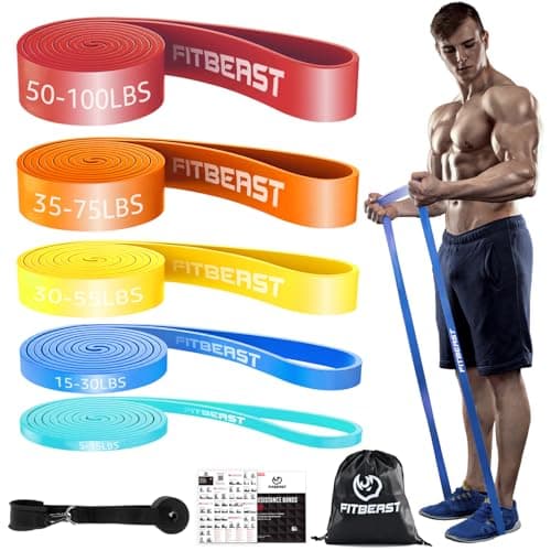 FitBeast Resistance Bands Set, 5 Levels Pull Up Bands for Powerlifting, Muscle Building, Home Gym Workout, Stretching, Stretch Bands with Door Anchor (Light Blue, Blue, Yellow, Orange, Red)