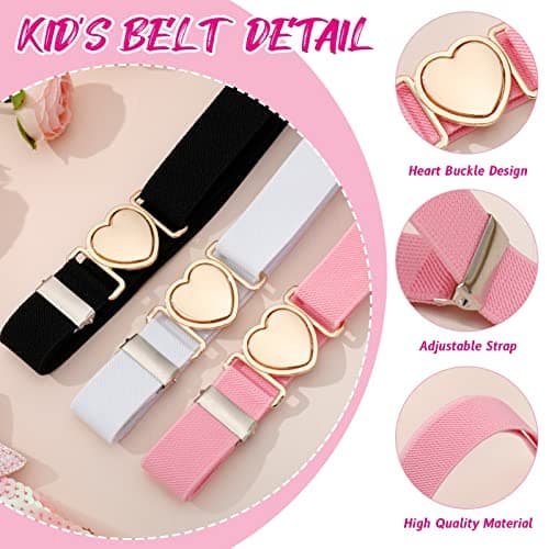 Firtink 3 Pack Girls Elastic Belts, Adjustable Kids Belt with Heart Buckle — view 2