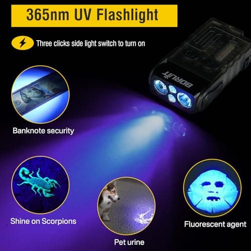 BORUIT V20 Small Torch Led Super Bright 1000 Lumen with 365nm UV Light, 180° Swivels Mini Torches USB C Rechargeable, 13 Modes Keyring Flashlight with Magnetic, Pocket Clip, 110dB Buzzer(Black) — view 4