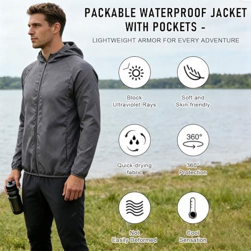 ADUDVLO Men's Lightweight Waterproof Jacket with Pockets, Packable Hooded Windproof Rain Jacket for Travel, Running & Hiking – Includes Carry Pouch (UK, Alpha, S, Regular, Regular, Grey) — view 4