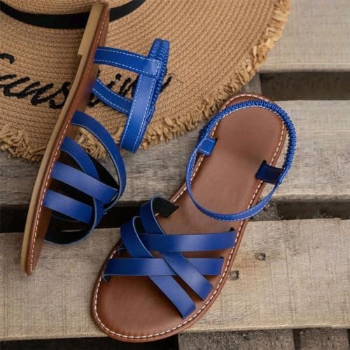 Women's Sandals UK Slingback Flat Feet Leather Roman Sandals Women Casual Travel Breathable Flip Flop Womens Wide Fit Slippers Ladies Summer Beach Shoes for Indoor and Outdoor Size 3.5-7.5 Blue — view 2