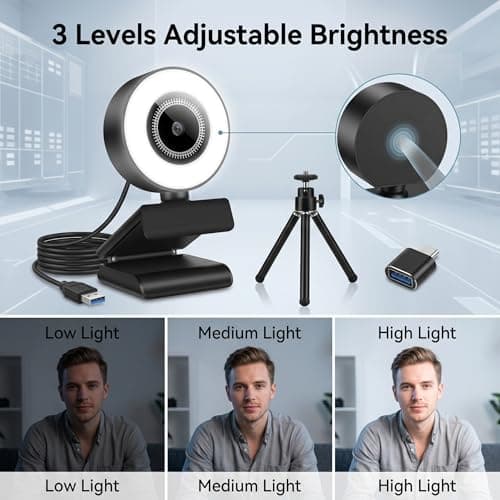 HUYEOOG 1080P HD Mini Webcam with 3-Color Fill Light, Wide Angle Lens, Noise Canceling Microphone and Tripod, USB C Adapter Included for Laptop Desktop Zoom Skype Streaming Gaming — view 5