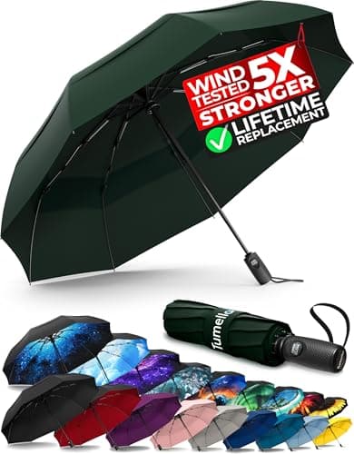 TUMELLA Strongest Windproof Travel Umbrella (Compact, Superior & Beautiful), Small Strong but Light Portable and Automatic Folding Rain Umbrella, Durable Premium Grip, Fits Car & Backpack Green