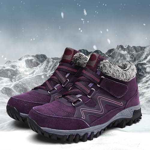 trail running shoes women Hiking Boots Women Waterproof Men Lightweight Lace up Ankle Booties Winter Warm Faux Fur Lined Walking Boot Non-Slip Mountain Trekking Shoes wide fit boots for uk Purple 7 — view 3