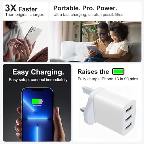 3 Pack UK Plug USB Wall Charger with 3 Ports, Multi Device Fast Charging Adapter for Home Office Travel, Safe Power Plug for iPhone Android Tablet Earbuds (White-3P) (3, White+3Pcs) — view 3