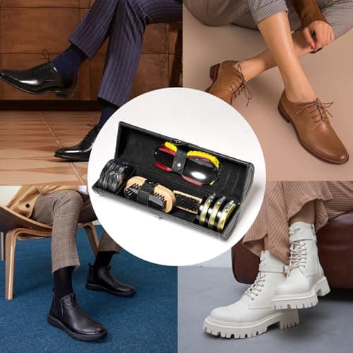 YUET Shoe Polish Kit Cleaning Shine Care Barrel Set For Brown Black Leather With Brush Travel Case Luxury Premium Soft Horsehair Bristle Dauber, Wooden Applicator, Shoehorn, Cloth 12 Piece (Black) — view 6