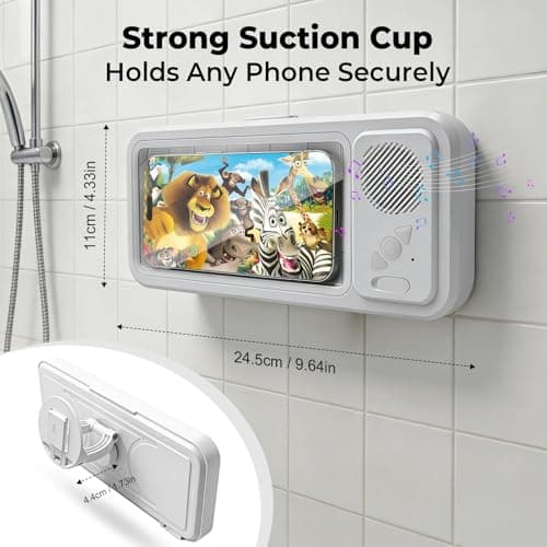 MRLTOP Waterproof Shower Phone Holder with Bluetooth Speaker IPX5 Bathroom Phone Mount 360 Rotatable Suction Cup Wall Mount Universal Compatibility — view 6