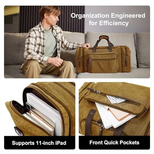 EKOROMIER Large Canvas Travel Holdall for Men – Expandable Duffel Bag – Extra Spacious Weekend Bag for Holidays, Gym & Long Trips – Camel Brown 70L — view 5
