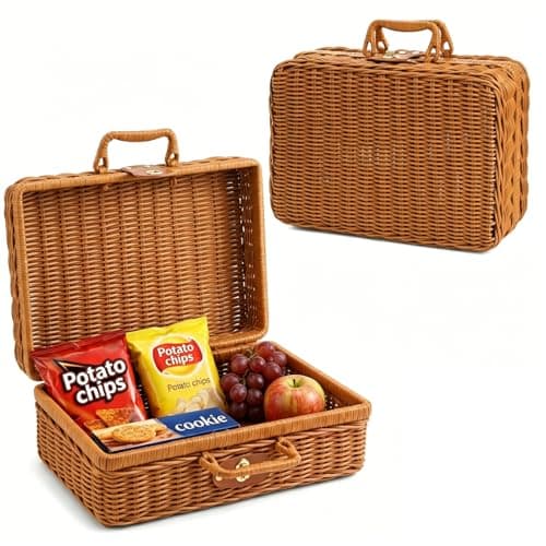 Covzoe Wicker Picnic Basket, 11.8" Small Rustic Rattan Suitcase with Handle