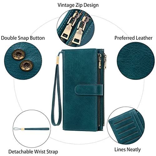 GOIACII Ladies Large Purse Soft Leather Women's Wallet, 2 Zipper Coin Phone Pockets, Detachable Wrist Strap, 5 ID Windows, RFID Blocking Travel Credit Card Holder, Teal — view 3
