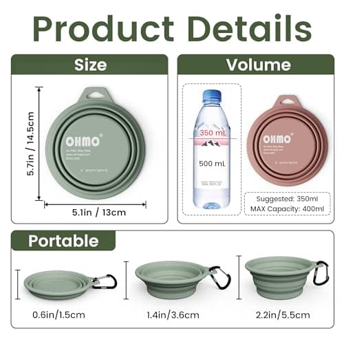 OHMO Collapsible Dog Bowl with Steel Ring, 400ml, 2pcs, Coral&Sage Green — view 2