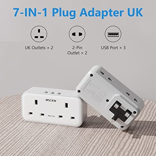 Plug Adapter with 3 USB, Mscien Double Plug Adaptor, Multi Plug Extension, Dual 2 Pin Socket at The Bottom, 13A UK Surge Protected Multiplug Extender, Wall Charger Power Socket for Home Kitchen Office — view 2