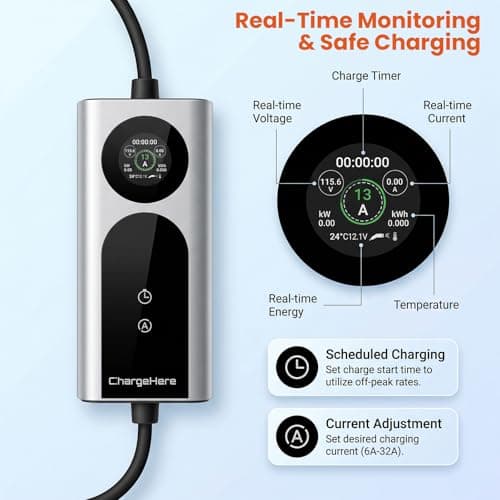 ChargeHere 8M Portable EV Charger Type 2 with UK 3 Pin Plug, Electric Car Granny Charger for Home Charging, Adjustable 6A/8A/10A/13A, LCD Display, 1–10H Delay Timer, IP67 Waterproof for EVs & PHEVs — view 2