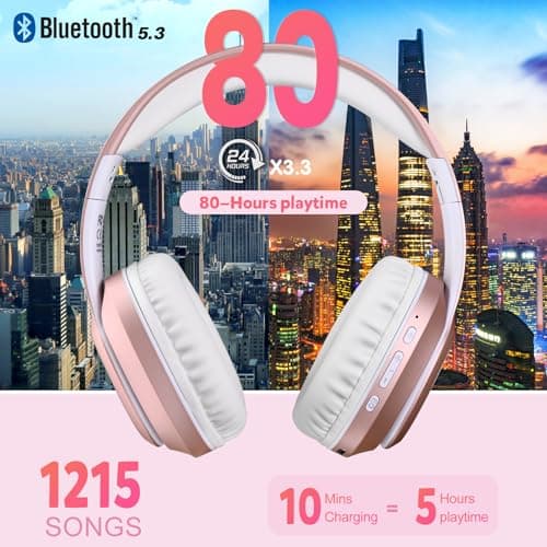 WorWoder Wireless Headphones Over Ear, 80 Hours Playtime Bluetooth Headphones, Hi-Fi Stereo Sound with Microphone, Lightweight Headset with Deep Bass for Travel Work PC Cellphone (Rose Gold) — view 2