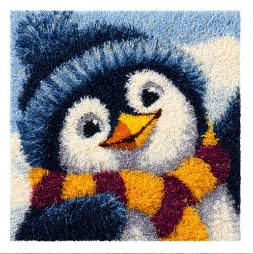 Taxpy Latch Hook Pillow Cover Kits for Adults Beginners,Penguin with Neck Gaiter Pre-Printed Embroidery Cushion Kit Latch Hook Kit Cushion Cover Making for DIY Starter Project,17X17Inch
