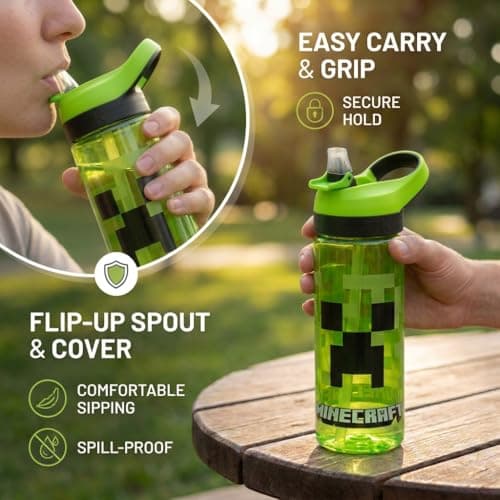 Minecraft Atlantic Creeper Drinks Bottle with Logo | Eco Friendly BPA-free Plastic School Water Bottle with Removable straw, spill Proof | Gift for Minecraft fan | Official Merch 600ML — view 4