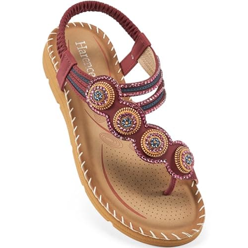 HARENCE Flat Sandals for Women Comfortable: Dressy Summer Bohemian Beaded Toe Ring Shoes - Zero Foot Pain for Casual Walking, Wine Red, 4 UK