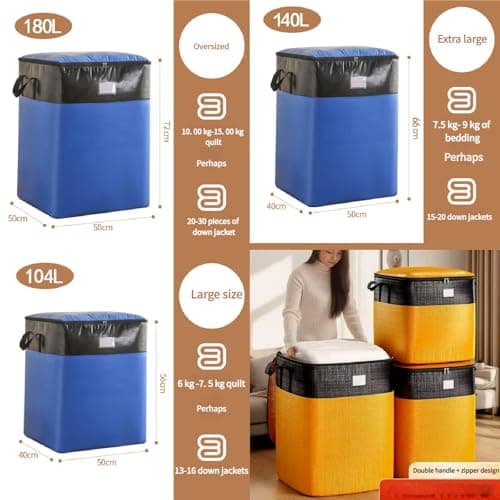PolMinrs 3 Pack (180L/140L/104L) Moving Bags Extra Large Strong,Large Storage Bag with Zips for Clothes Moving Camping Garden Tools Moving Totes Holiday Decorations Storage(blue) — view 5