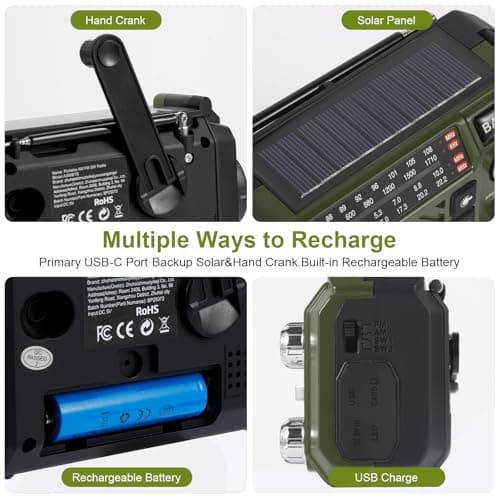 Wind Up Emergency Radio with 2600mAh Power Bank - Solar, Hand Crank & USB-C Charging, FM/AM/Shortwave, Torch & SOS for Survival Kits (Green) — view 4