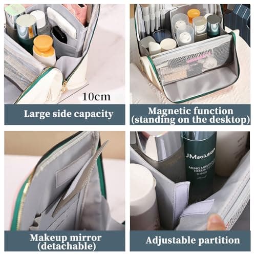 ningzhi Large PU Leather Travel Makeup Bag, Portable Cosmetic Bag with Makeup Brush Organiser Water-Resistant Portable Magnetic Vertical Makeup Bag with Handle,for Women Travel Essentials — view 6