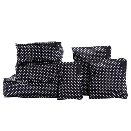 Periea Lucy Packing Cubes for Suitcases & Carry on Hand Luggage – Set of 6 Travel Packing Organisers – 6 Colours (Black with White Dots)