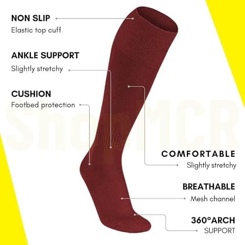 ShopMCR Unisex Football, Rugby, Hockey Sports Knee High Long Socks, Kids, Adults, juniors Knee High Football Socks Outdoor game Soccer Socks (3-6, Maroon) — view 2