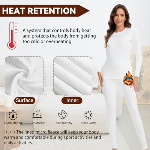 AMZSPORT Women's Thermal Underwear Set, Long Johns Fleece Base Layer, Winter Warm Long Sleeve Top & Soft Leggings for Ladies White M — view 2
