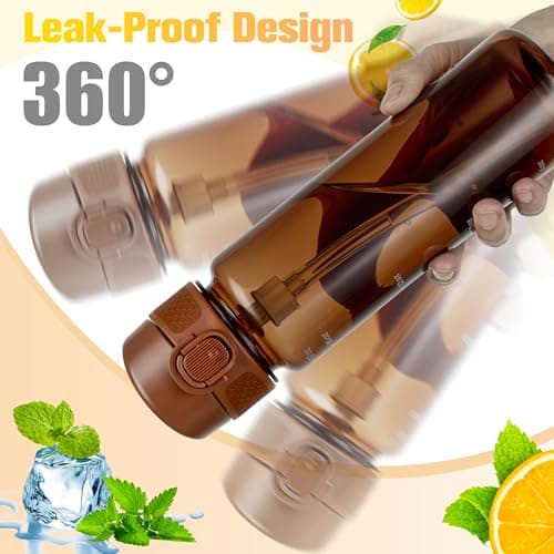 GOPPUS 500ml/17oz Clear Tritan Water Bottle with Straw Transparent Childrens Drinks Bottle with Carrying Handle See Through Measured Kid Bottles with Flip Top Lid Leakproof BPA Free (Brown) — view 5