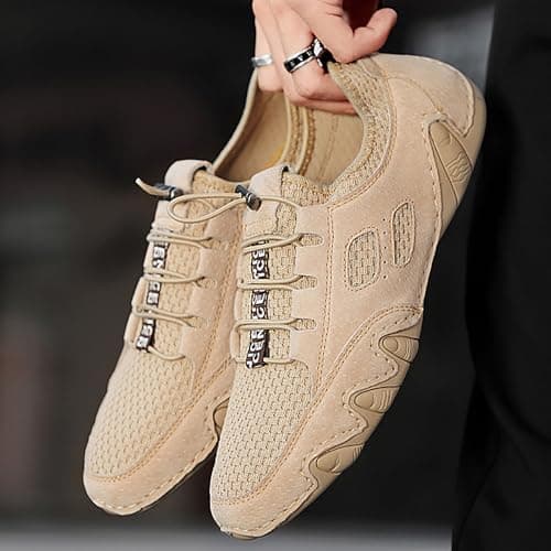 Casual Breathable Mesh Leather Sneakers for Men Walking Running Comfortable Slip On Shoes Spring Summer Autumn Daily Travel Beach, khaki, 7 UK — view 4