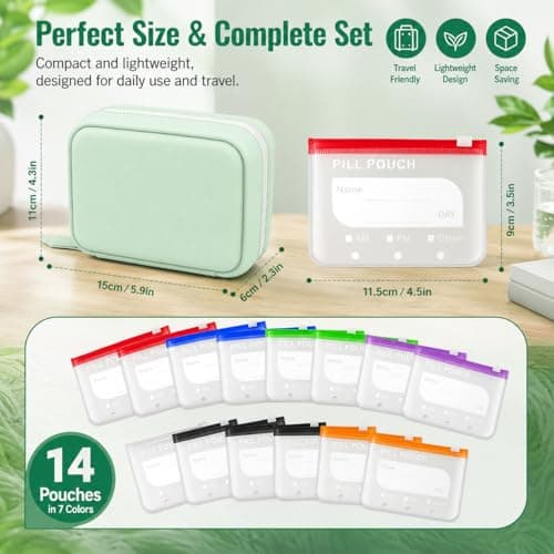 Waterproof Pill Pouch Set, Waterproof Pill Organizer Set with 14 Color-Pill Pouches, Portable Reusable Binder Design Zippered Pill Storage with 14 Color-Pill Pouches for Travel (White) — view 3