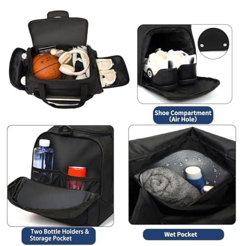 Gym Bag with Shoe Compartment & Wet Pockets for Men/Women, Waterproof Sports Duffle Bags for Workout/Fitness/Travel (Black,20"x11"x11") — view 2