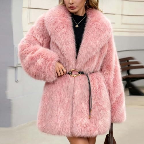 Pink Womens Faux Fur Coat Lapel Belted Warm Winter Jacket with Pockets XL — view 5