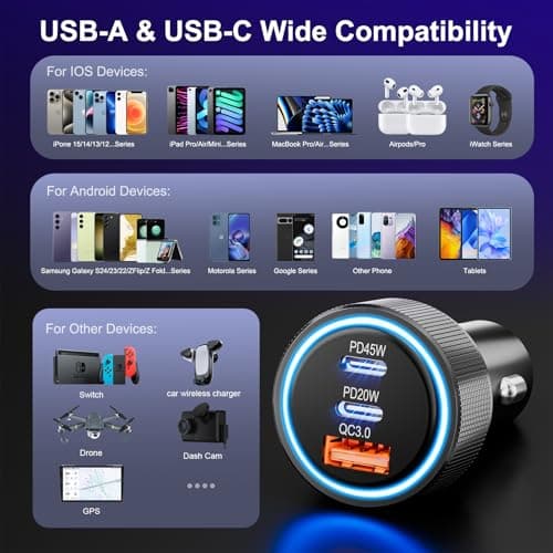 ANEXTIDE USB C Car Charger Fast Charging, 65W 3-Port Cigarette Lighter USB Charger with 45W PD USB-C & QC3.0 USB-A, Metal 12V/24V Car Phone Charger Adapter for iPhone, Samsung Galaxy, Pixel — view 5