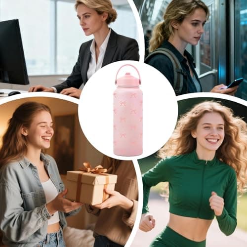 Insulated Bottle,1L Bow Pattern Stainless Steel Vacuum Flask - Leakproof Water Bottles with Straw - for Coffee, Drinks, Sports, Home, Travel — view 4